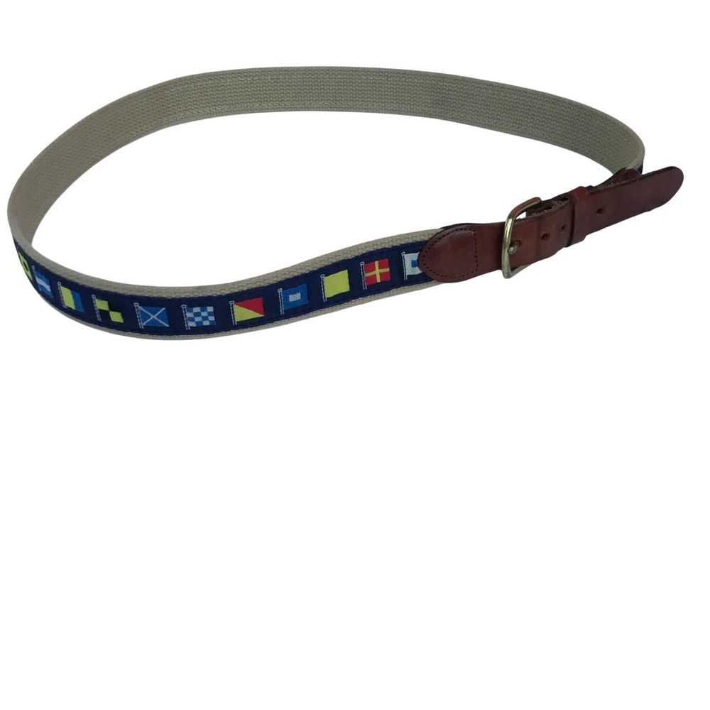 Leather Man Ltd Nautical Signal Flag Canvas Belt Brown Leather Brass Buckle 40